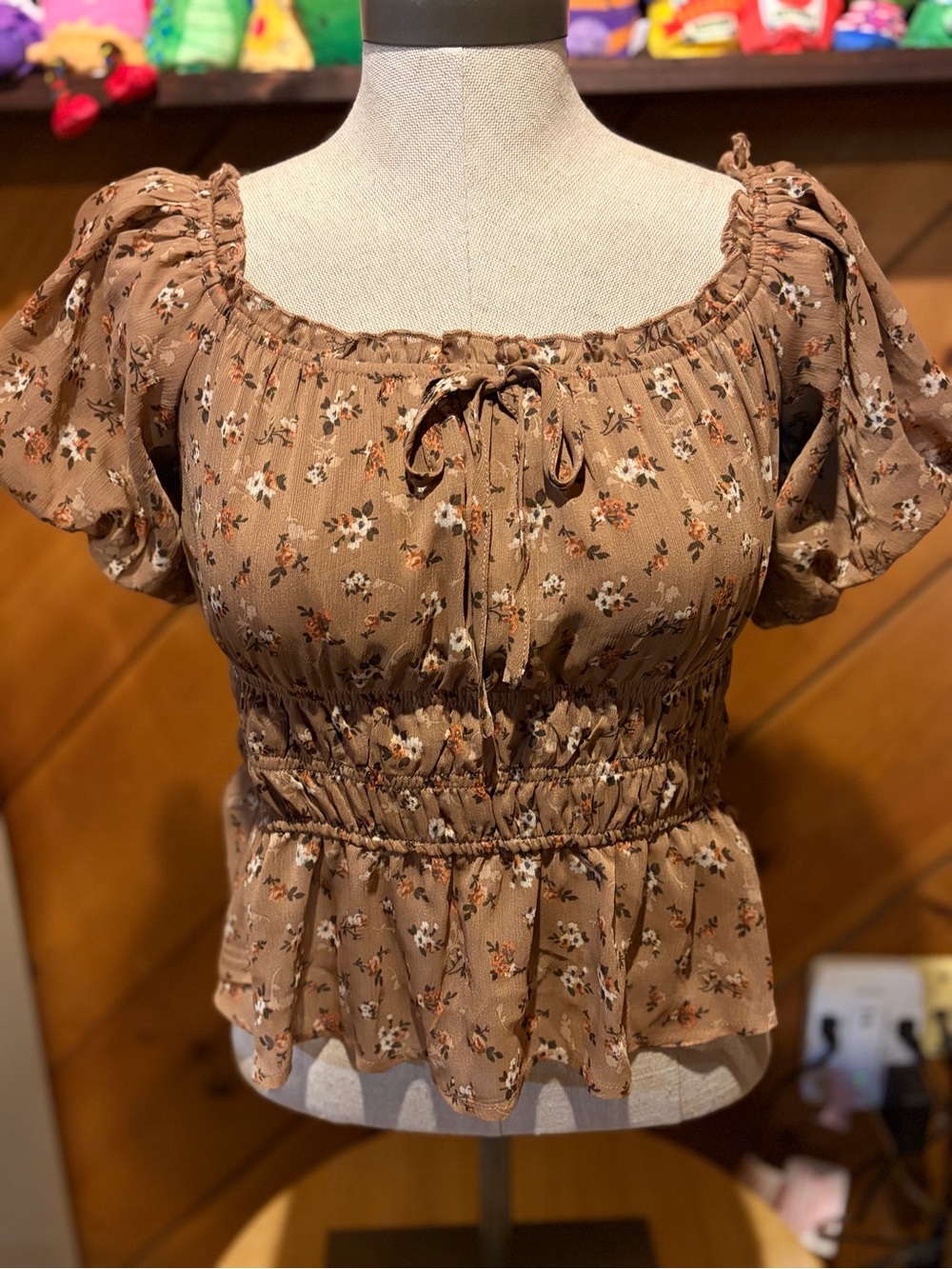 Trixxi Brown Floral Smocked Peplum Blouse